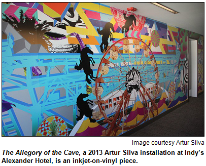 The Allegory of the Cave, a 2013 Artur Silva installation at Indy’s Alexander Hotel, is an inkjet-on-vinyl piece. Image courtesy Artur Silva.