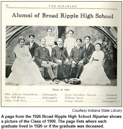 A page from the 1926 Broad Ripple High School Riparian shows a picture of the Class of 1900. The page lists where each graduate lived in 1926 or if the graduate was deceased. Courtesy Indiana State Library.