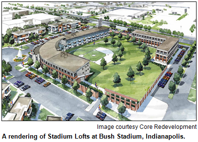 A rendering of Stadium Lofts at Bush Stadium, Indianapolis. Image courtesy Core Redevelopment.