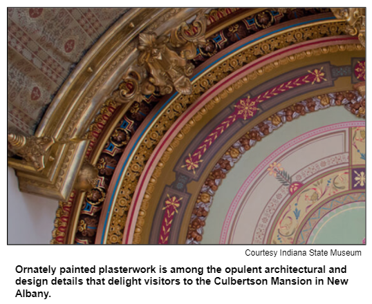 Ornately painted plasterwork is among the opulent architectural and design details that delight visitors to the Culbertson Mansion in New Albany. Courtesy Indiana State Museum.