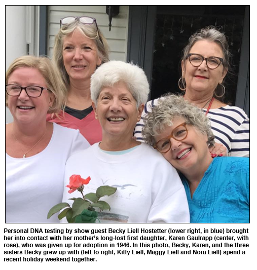 Personal DNA testing by show guest Becky Liell Hostetter (lower right, in blue) brought  her into contact with her mother’s long-lost first daughter, Karen Gaulrapp (center, with rose), who was given up for adoption in 1946. In this photo, Becky, Karen, and the three sisters Becky grew up with (left to right, Kitty Liell, Maggy Liell and Nora Liell) spend a recent holiday weekend together.    