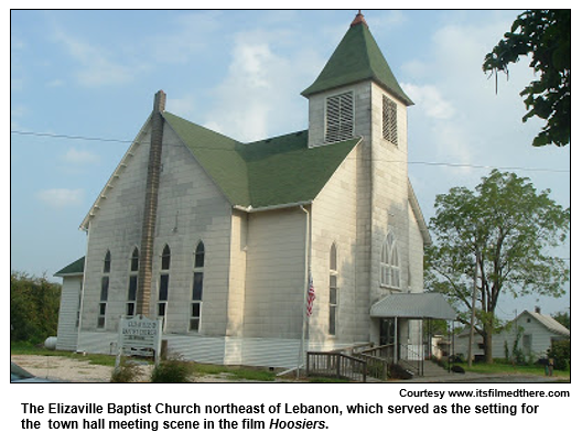 The Elizaville Baptist Church northeast of Lebanon, which served as the setting for the  town hall meeting scene in the film Hoosiers. 
Courtesy www.itsfilmedthere.com
