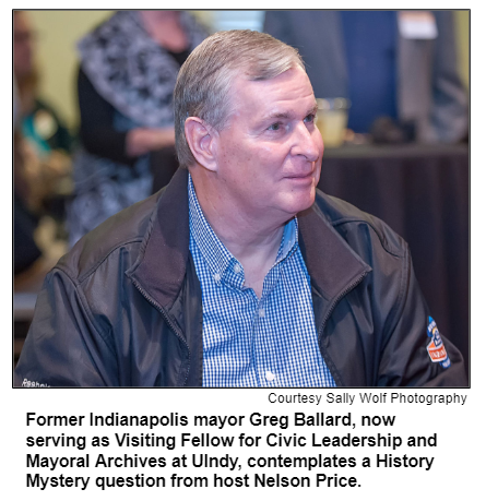 Former Indianapolis mayor Greg Ballard, now serving as Visiting Fellow for Civic Leadership and Mayoral Archives at UIndy, contemplates a History Mystery question from host Nelson Price. Courtesy Sally Wolf Photography.