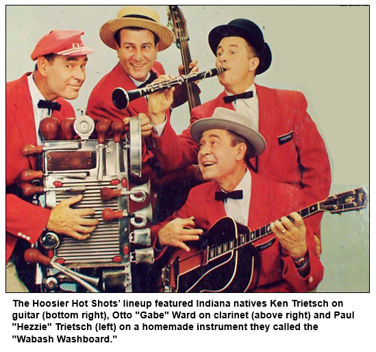 The Hoosier Hot Shots’ lineup featured Indiana natives Ken Trietsch on guitar (bottom right), Otto "Gabe" Ward on clarinet (above right) and Paul "Hezzie" Trietsch (left) on a homemade instrument they called the "Wabash Washboard." 
