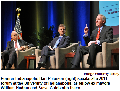 Former Indianapolis Bart Peterson (right) speaks at a 2011 forum at the University of Indianapolis, as fellow ex-mayors William Hudnut and Steve Goldsmith listen. Image courtesy University of Indianapolis.