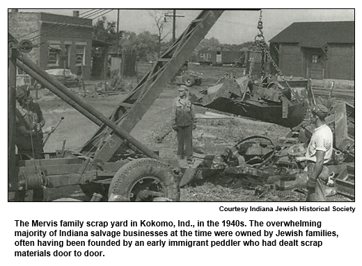 The Mervis family scrap yard in Kokomo, Ind., in the 1940s. The overwhelming majority of Indiana salvage businesses at the time were owned by Jewish families, often having been founded by an early immigrant peddler who had dealt scrap materials door to door.
Courtesy Indiana Jewish Historical Society.