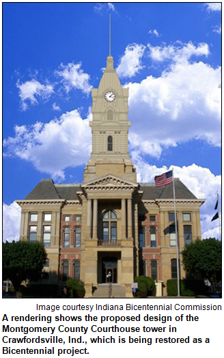 A rendering shows the proposed design of the Montgomery County Courthouse tower in Crawfordsville, Ind., which is being restored as a Bicentennial project. Image courtesy Indiana Bicentennial Commission.