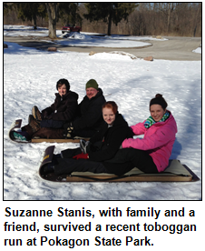 Suzanne Stanis, with family and a friend, survived a recent toboggan run at Pokagon State Park.