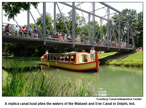 A replica canal boat plies the waters of the Wabash and Erie Canal in Delphi, Ind.
Courtesy Canal Interpretive Center.
