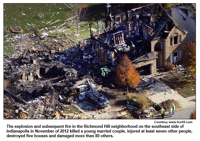 The explosion and subsequent fire in the Richmond Hill neighborhood on the southeast side of Indianapolis in November of 2012 killed a young married couple, injured at least seven other people, destroyed five houses and damaged more than 80 others.
Courtesy www.fox59.com