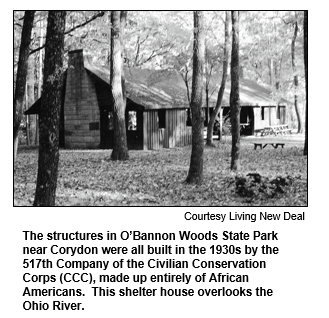 The structures in O'Bannon Woods State Park near Corydon were all built in the 1930s by the 517th Company of the Civilian Conservation Corps (CCC), made up entirely of African Americans.  This shelter house overlooks the Ohio River.
