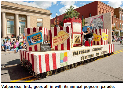 Popcorn festival float in Valparaiso popcorn parade.