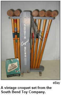 A vintage croquet set from the South Bend Toy Company is shown.
